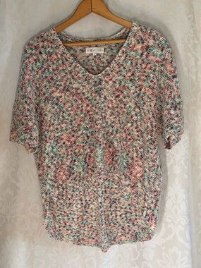 LOFT Multicolor Speckled V-Neck Short Sleeve Sweater - Pink, Green & Cream